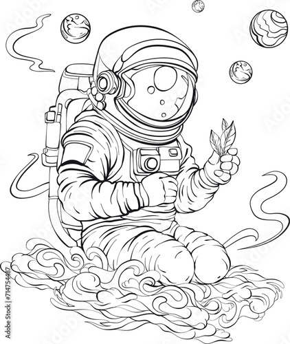 Outline astronaut holding a plant in his hand
