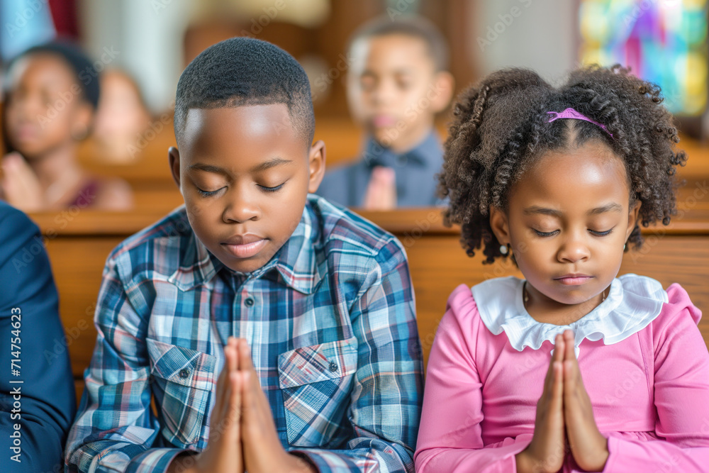 Two Kids Praying in Church Eyes Closed. African American Kids Praying in a Church. Religious Concept. Two Kids Praying in Church Eyes Closed. African American Kids Praying in a Church. Religious Concept.