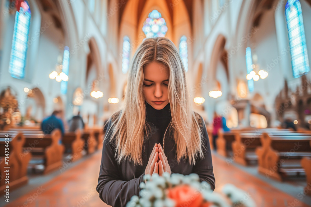 Young Woman Praying in Church Eyes Closed. Caucasian Woman Praying in a Church. Religious Concept.. - obrazy, fototapety, plakaty 