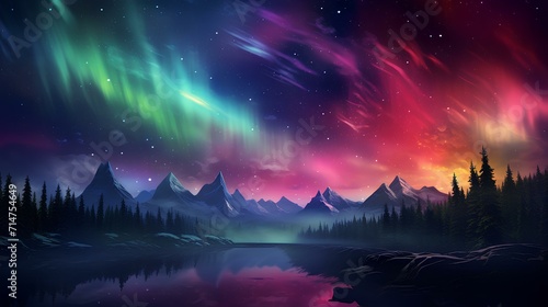 northen light scene with many colors and lights and mountains colorfull