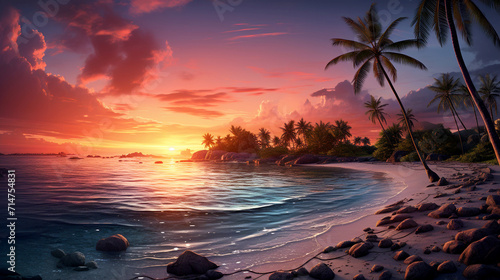 Beach sunset view  A tropical ocean beach sunset picture with palm trees and ocean waves  Sunset over beach sky view