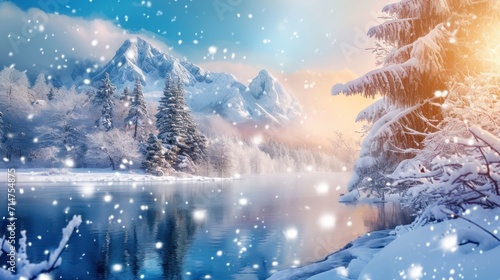 Winter Landscape, Snowy Lake and Trees © FryArt Studio