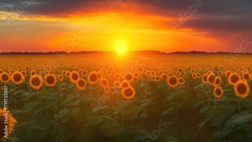 The golden light illuminates a field of sunflowers, sunset over a vast rolling landscape © Reazy Studio