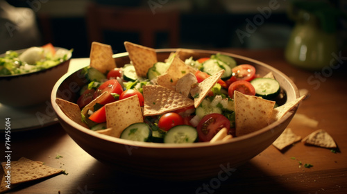 A refreshing bowl of fattoush salad, made with fresh vegetables, crispy pita chips, and a zesty lemon dressing