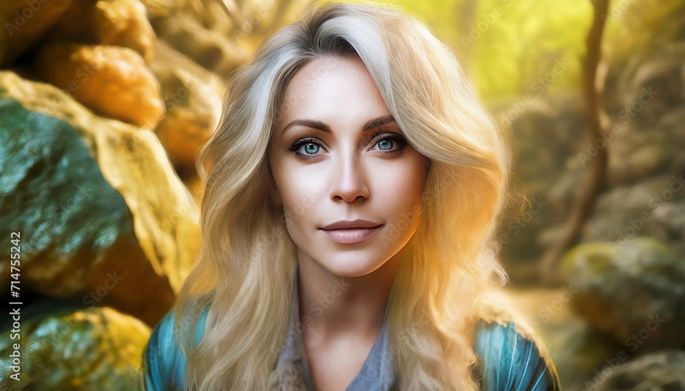 Naklejka premium Portrait of woman in front of nature and rocks. Blond female adventurer, archaeologist outdoors