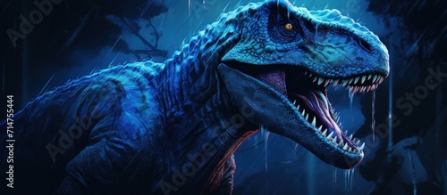 Rendering 3D blue dinosaurs tyrannosaurus rex animal in the ancient world. AI generated image © MUCHIB