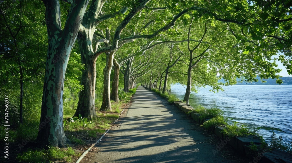 a nature inspired walking pathway road surrounded by trees near water