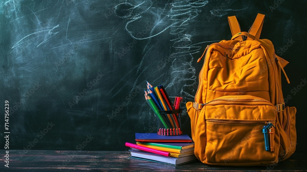 The background is related to school, a backpack with school equipment on the background of an empty blackboard. Created with Generative Ai technology. The background is related to school, a backpack with school equipment on the background of an empty blackboard. Created with Generative Ai technology.