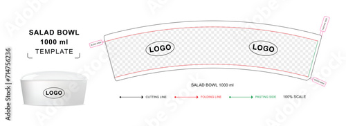 Salad Bowl container die cut template for 1000 ml with 3D blank vector mockup