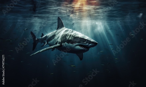 Bloodthirsty shark underwater ready to attack with dark and dramatic lighting. photo