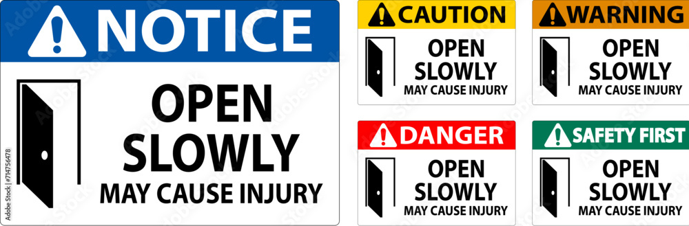 Safety First Sign, Open Slowly, May Cause Injury Safety First Sign, Open Slowly, May Cause Injury