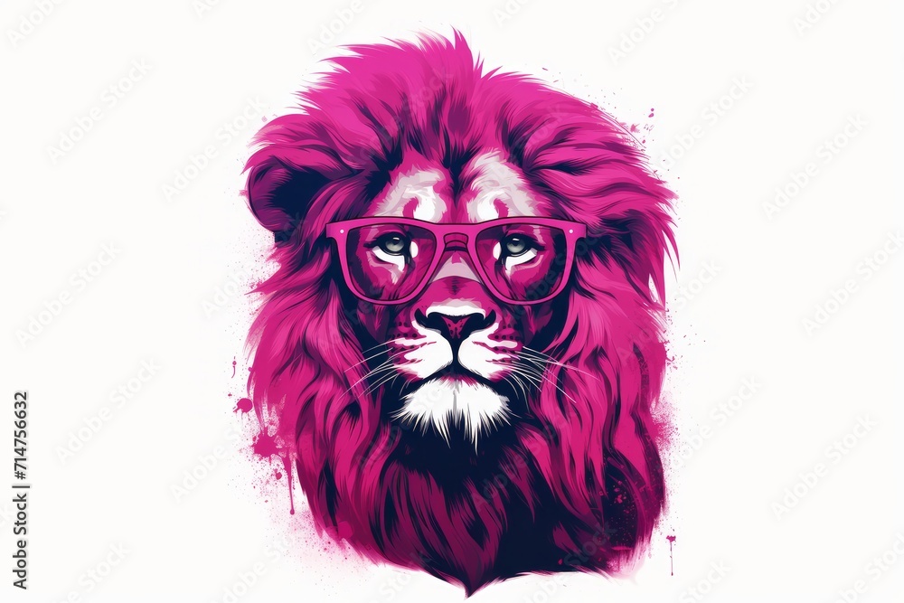 Fashionable pink lion in stylish glasses on a white isolated background.