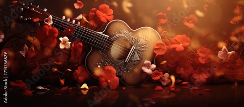 Fotografia Red rose and petals on the acoustic guitar for romantic view