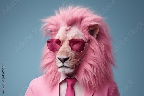 A fashionable lion with a pink mane in a suit and stylish glasses on an isolated background. High quality photo