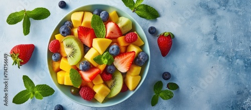 Fruit salad on blue table