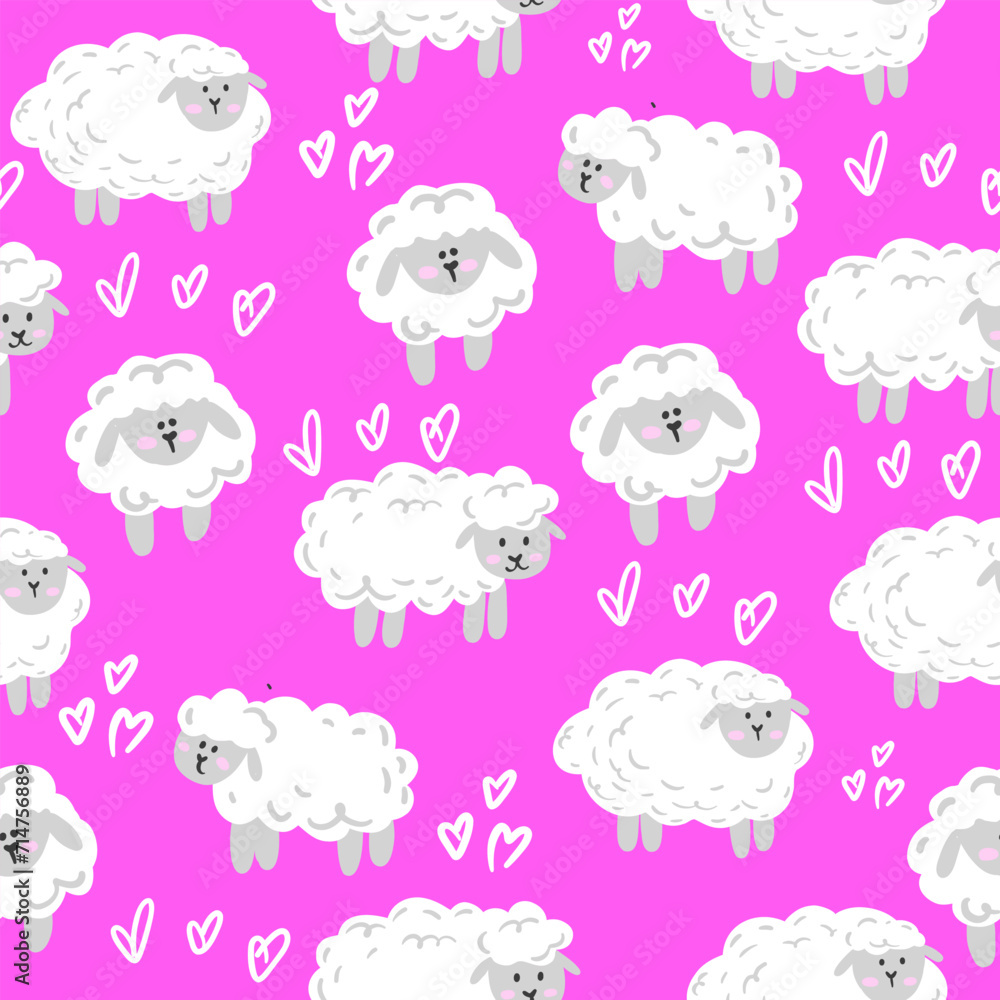 Seamless pattern with cute sheep and heart on pink background. Pattern for textile, fabric, pajamas, stationery, kids clothes and other design. Seamless pattern with cute sheep and heart on pink background. Pattern for textile, fabric, pajamas, stationery, kids clothes and other design.