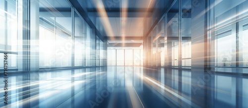 Blurred empty interior office lobby and entrance doors and glass. AI generated image