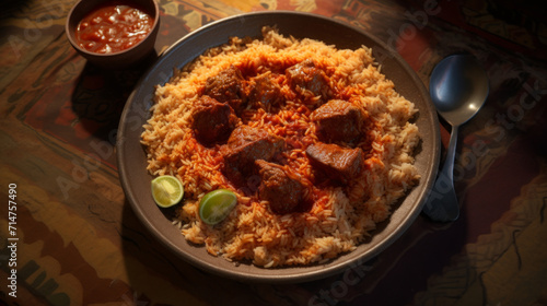 A plate of Yemeni mandi, a flavorful rice dish served with tender slow-cooked meat and a spicy tomato sauce