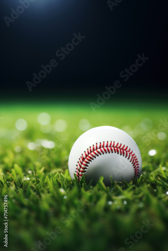 Close-up of a white baseball with red stitching on vibrant green grass under the night lights.