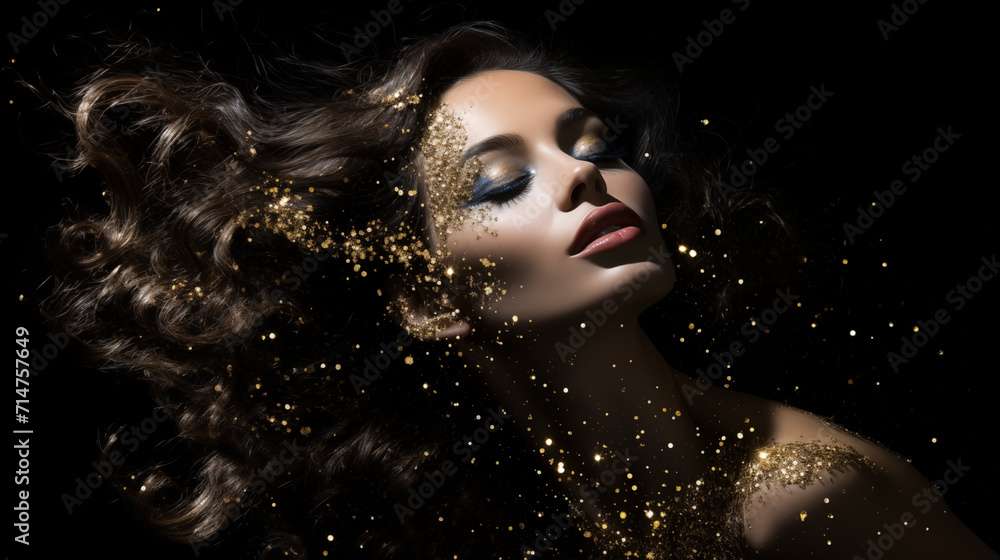 Gros plan sur le visage d'une jeune femme maquillée, avec des paillettes, sur fond noir. Paillettes scintillantes et dorées. Maquillage, beauté, mode. Pour conception et création graphique. Gros plan sur le visage d'une jeune femme maquillée, avec des paillettes, sur fond noir. Paillettes scintillantes et dorées. Maquillage, beauté, mode. Pour conception et création graphique.
