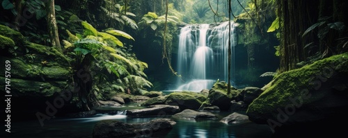 Amazing tropical forest with beautiful lake and fast flowing waterfall over boulders in background.