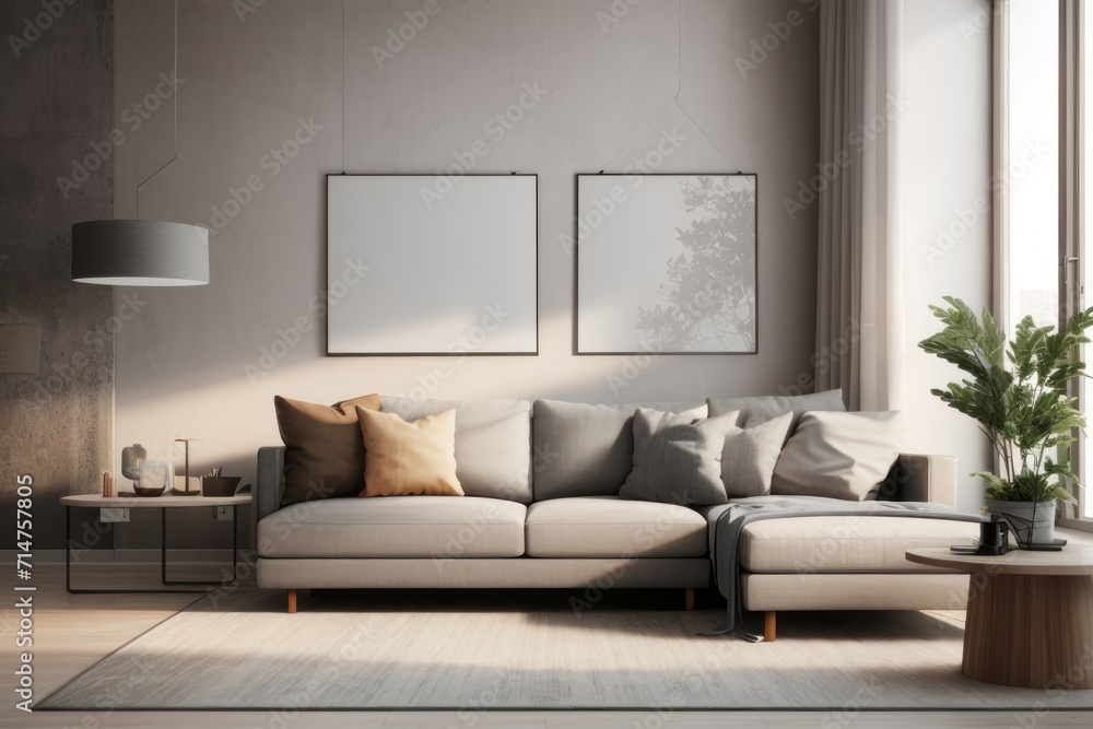 Interior home design of modern living room with gray sofa and abstract poster frame on stucco wall near the window Interior home design of modern living room with gray sofa and abstract poster frame on stucco wall near the window