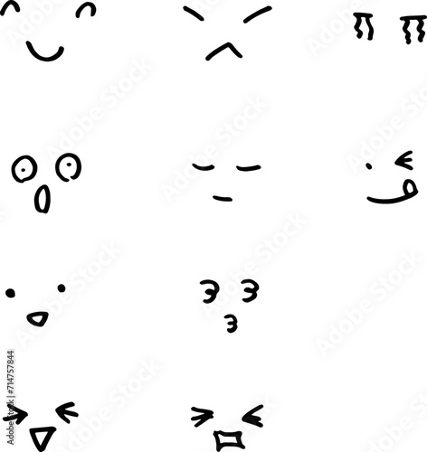 シンプルな顔のパーツ　マジックで書いた手描き　セット