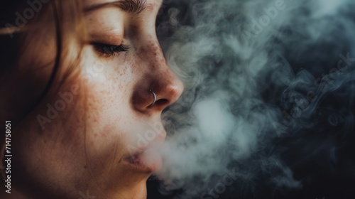 Woman Smoking Cigarette, Exhaling Smoke