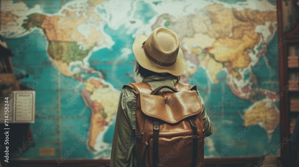 Person With Backpack and Hat Standing in Front of Map Person With Backpack and Hat Standing in Front of Map