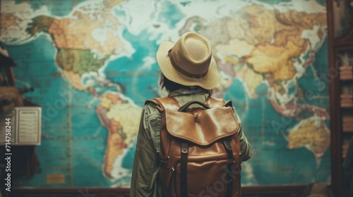 Person With Backpack and Hat Standing in Front of Map