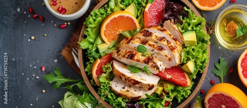 Top-down view of a dietary menu with fresh chicken salad, grapefruit, lettuce, and honey mustard dressing, promoting proper nutrition. photo