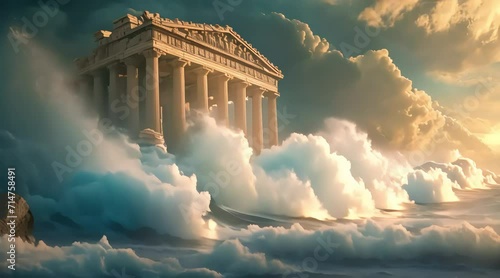 Roman temples in front of big waves in the sea (mov) made with Ai generative technology photo