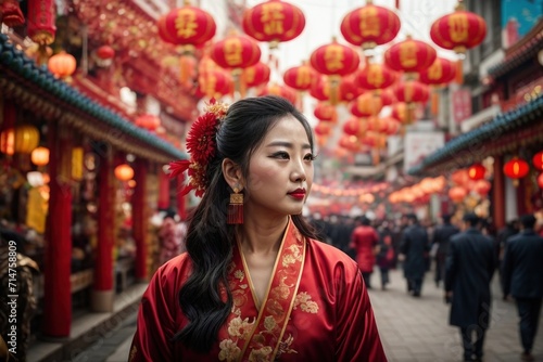asian young woman celebrates chinese new year on the street	