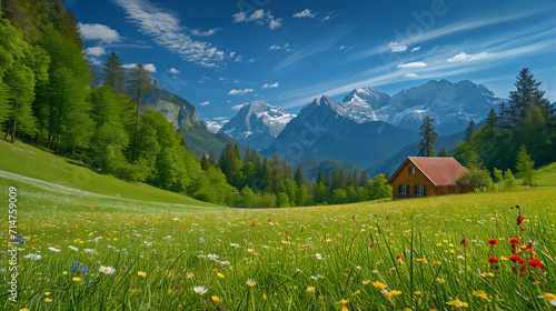 picturesque landscape scene in the Alps, vibrant green meadow blue sky