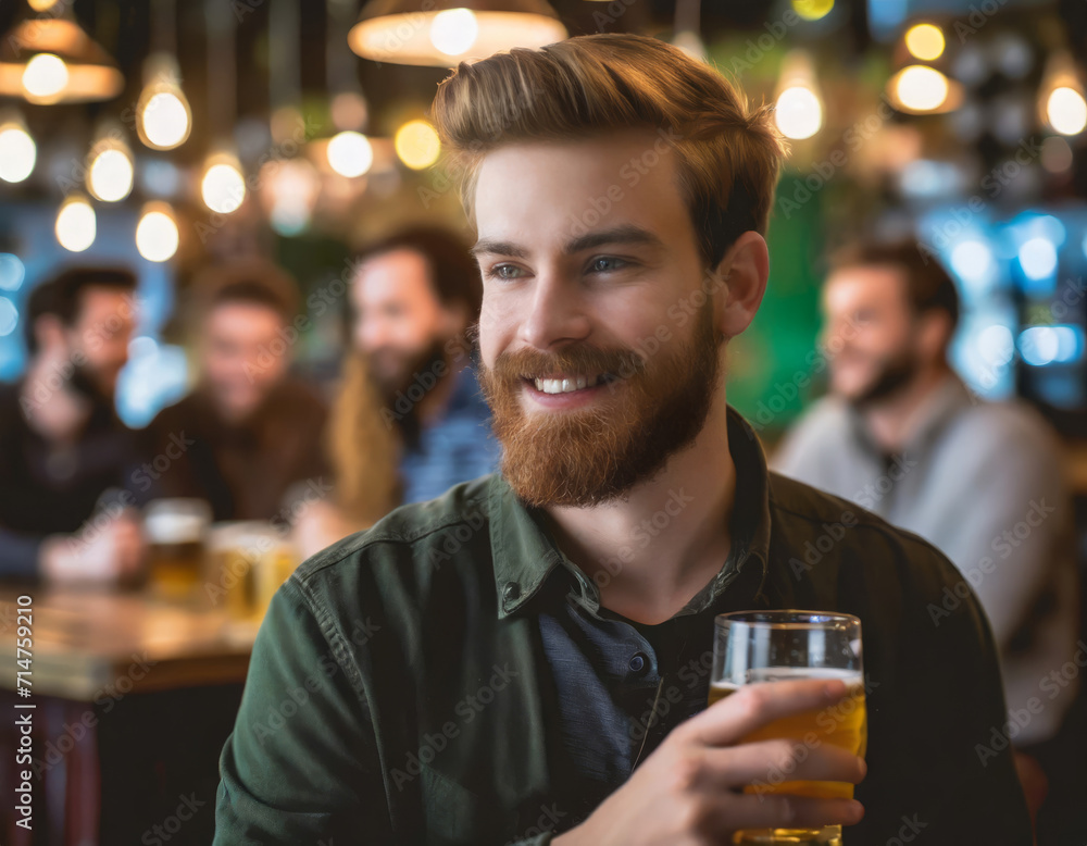 Happy Man Enjoying Drinks at a Pub
