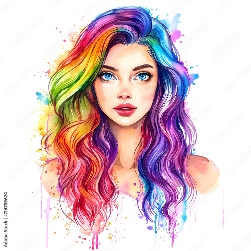 beautiful girl with rainbow hair watercolor paint isolated on white background beautiful girl with rainbow hair watercolor paint isolated on white background