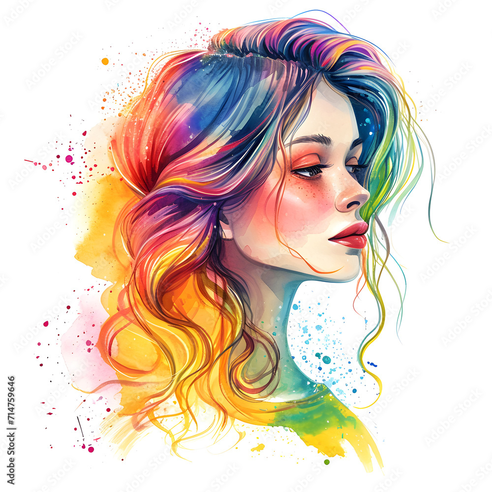 beautiful girl with rainbow hair watercolor paint isolated on white background beautiful girl with rainbow hair watercolor paint isolated on white background
