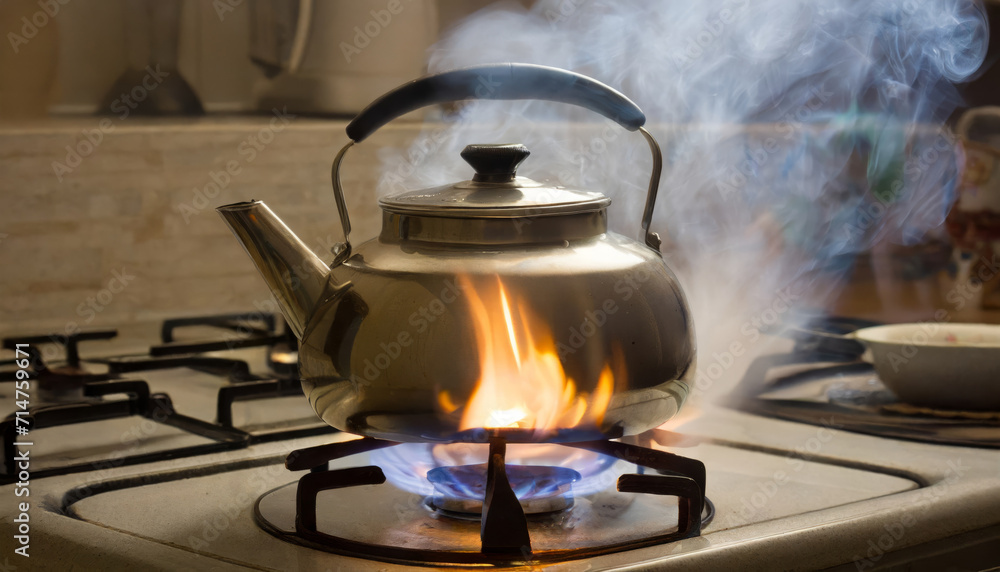 The process of heating a steel kettle on a gas stove