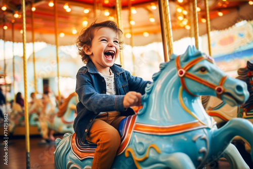 Laughing boy having fun on a horse on birthday rides at children's amusement park and indoor play center