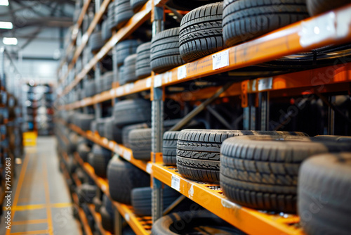 Rows of new car tires in a warehouse. Industrial background.