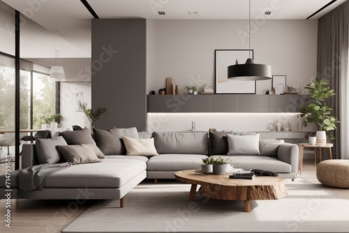 Interior home design of modern living room with gray sofa and live edge accent table with furniture and window