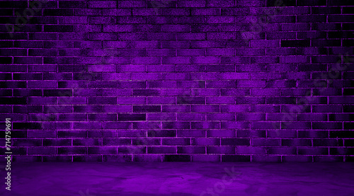 dark room with violet concrete floor and purple brick wall background. empty room for montage product displayed in industrial  futuristic mood and tone. room interior with neon light for design.