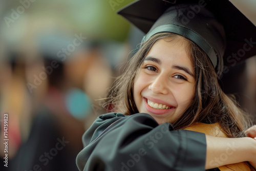 Portrait of happy graduate girl in cap and gown looking at camera