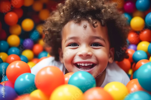 Laughing curly mulatto boy close-up having fun in a ball pit at a children's amusement park and indoor play center, laughing, playing with colorful balls in a ball pit at a playground.