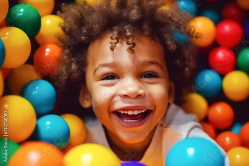 Laughing curly mulatto boy close-up having fun in a ball pit at a children's amusement park and indoor play center, laughing, playing with colorful balls in a ball pit at a playground.