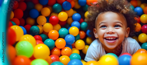 Laughing curly mulatto boy close-up having fun in a ball pit at a children's amusement park and indoor play center, laughing, playing with colorful balls in a ball pit at a playground.