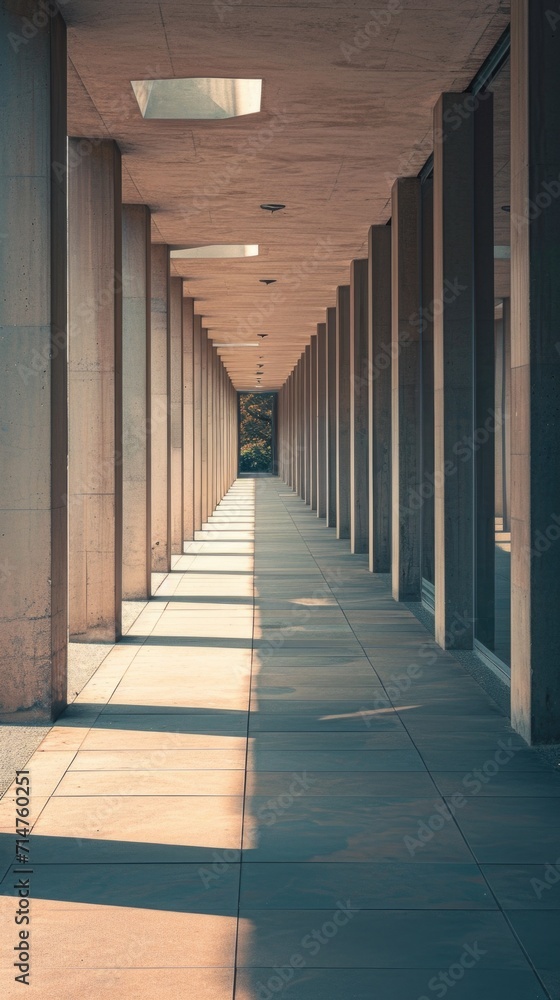 a long walkway with sunlight coming from concrete pillars