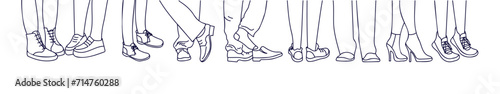 Different feet in shoes. Line.