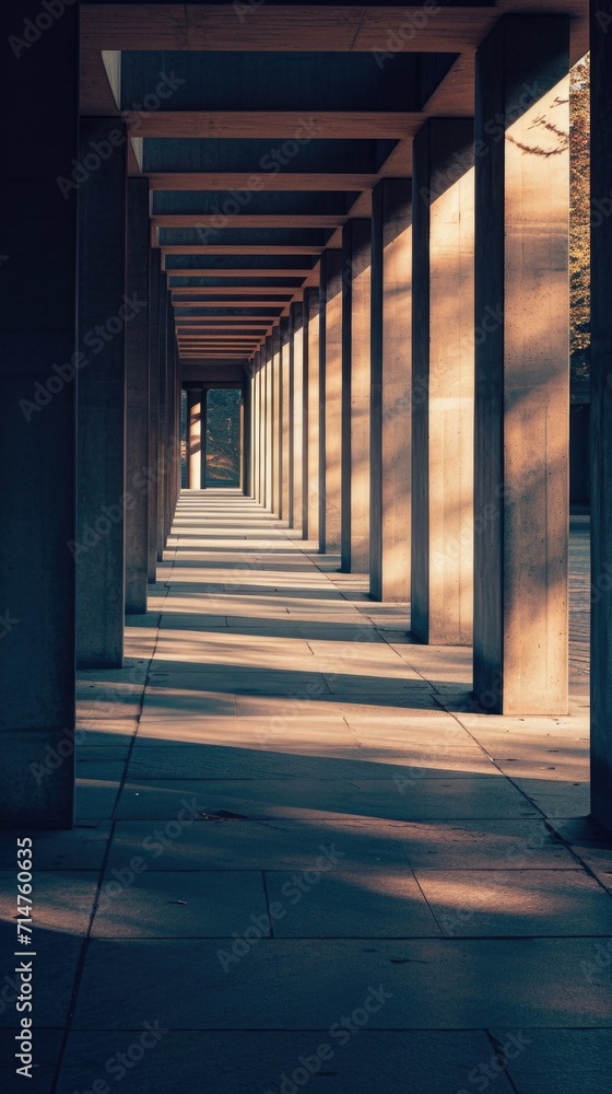 a long walkway with sunlight coming from concrete pillars
