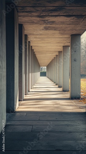 a long walkway with sunlight coming from concrete pillars